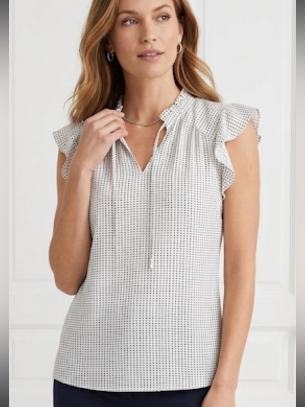 Adrianna Papell Ruffled Flutter Sleeve Blouse in White and Black